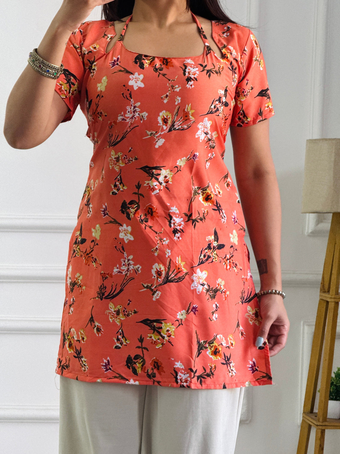 Coral orange floral print kurti with adjustable lace up detail