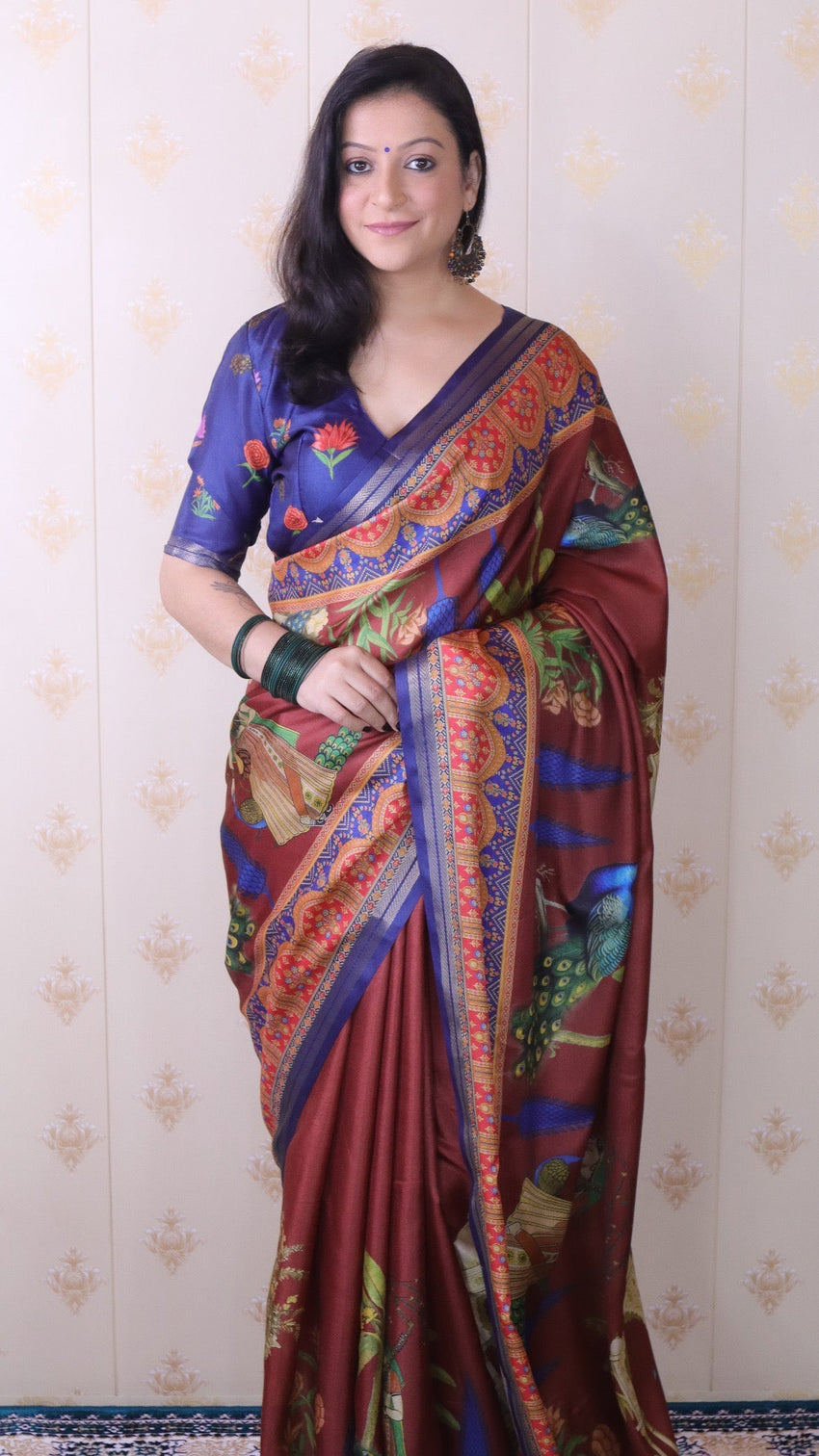 Brown soft tussar silk pichwai traditional printed zari woven saree