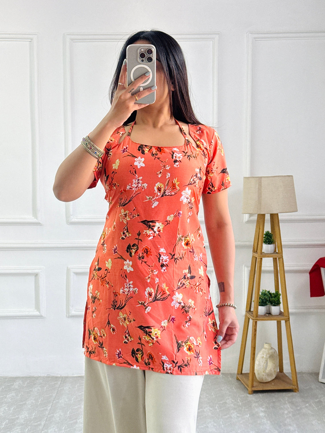 Coral orange floral print kurti with adjustable lace up detail mameraa