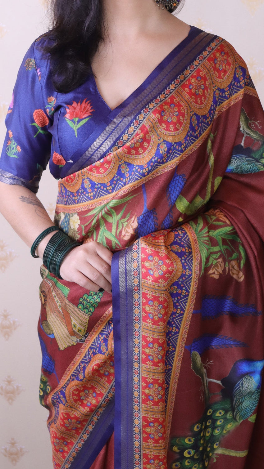 Brown soft tussar silk pichwai traditional printed zari woven saree
