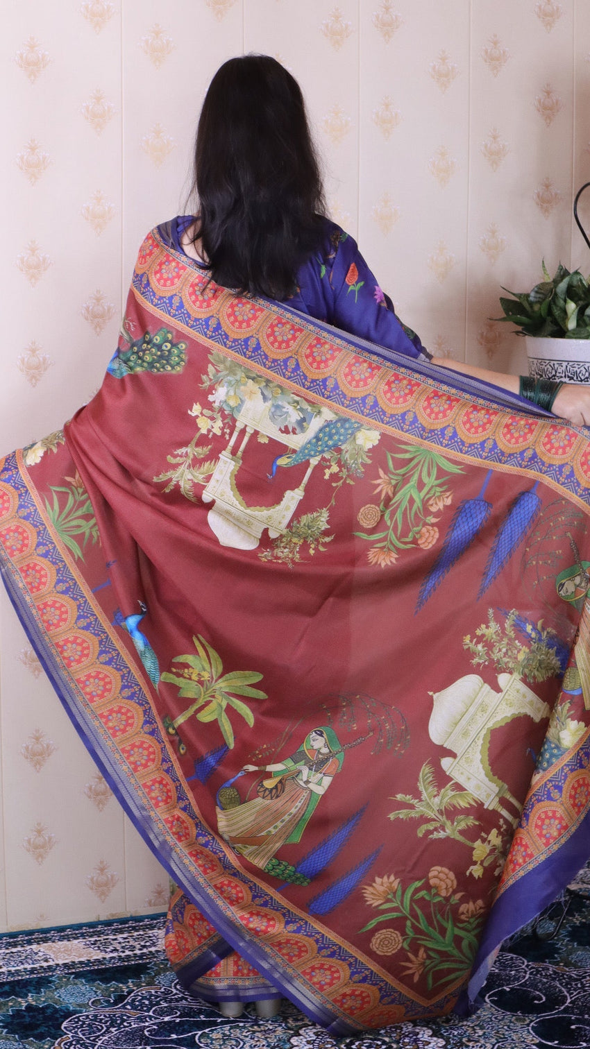 Brown soft tussar silk pichwai traditional printed zari woven saree