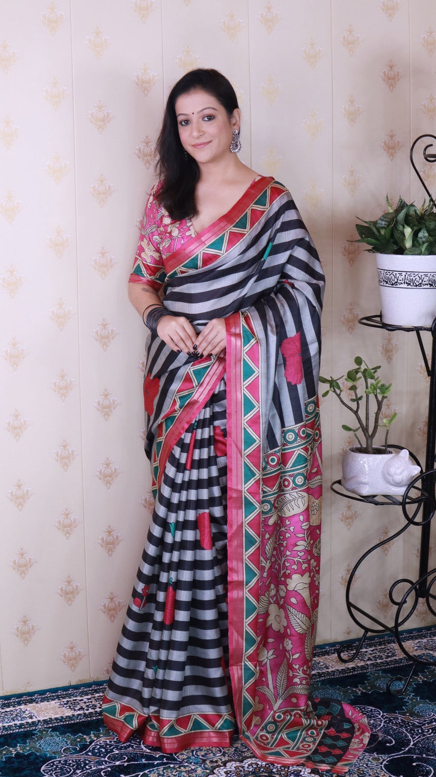 Grey soft tussar silk striped traditional printed zari woven saree