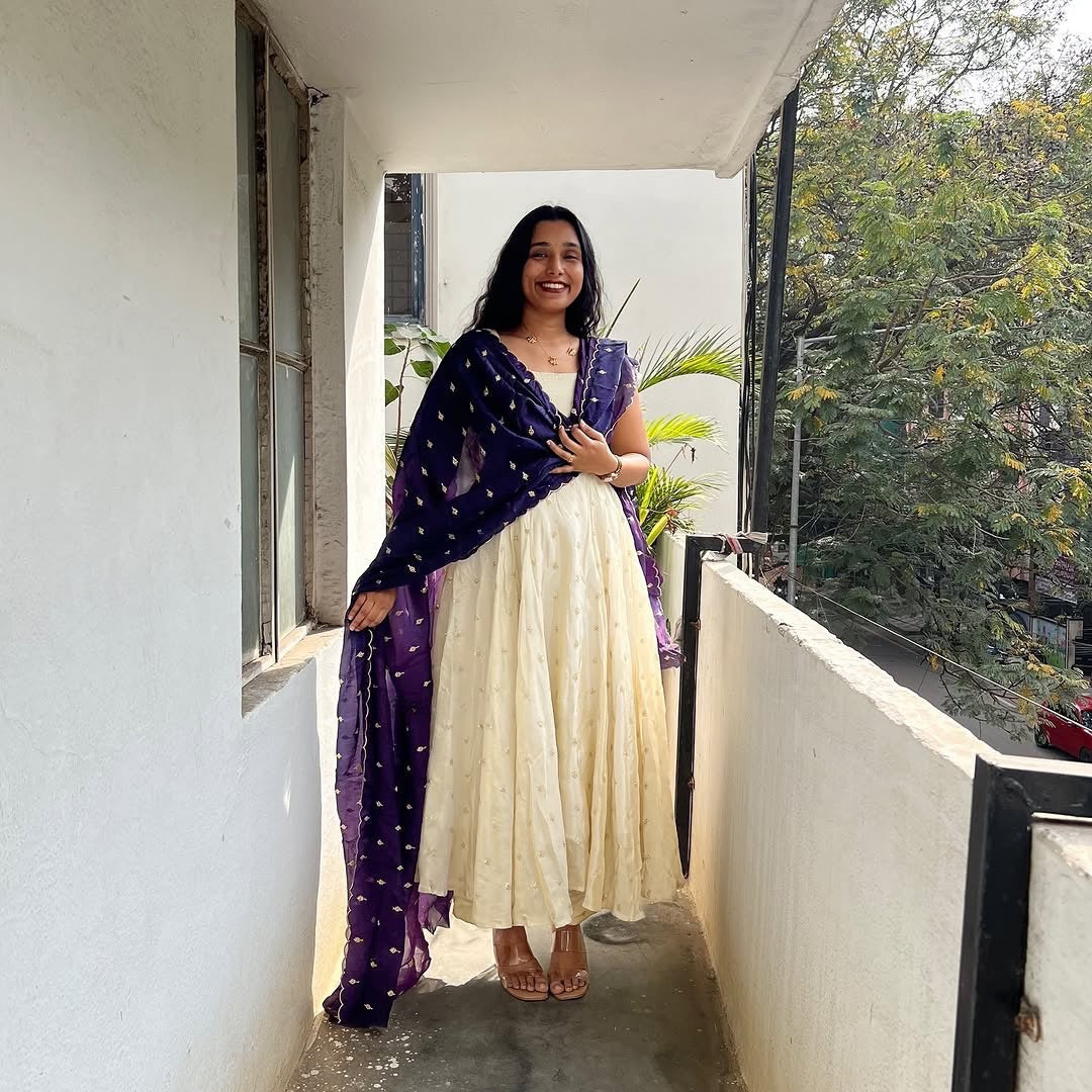 Cream anarkali dress with navy blue dupatta elegant women s ethnic wear