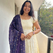 Cream anarkali dress with navy blue dupatta elegant women s ethnic wear