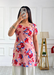 Aarvi cambric peach floral short kurti with square neck back lace up detail mameraa