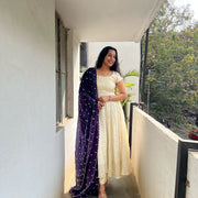 Cream anarkali dress with navy blue dupatta elegant women s ethnic wear mameraa