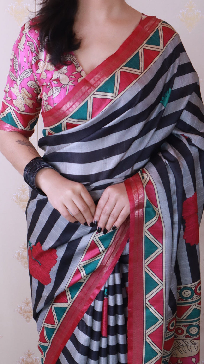 Grey soft tussar silk striped traditional printed zari woven saree