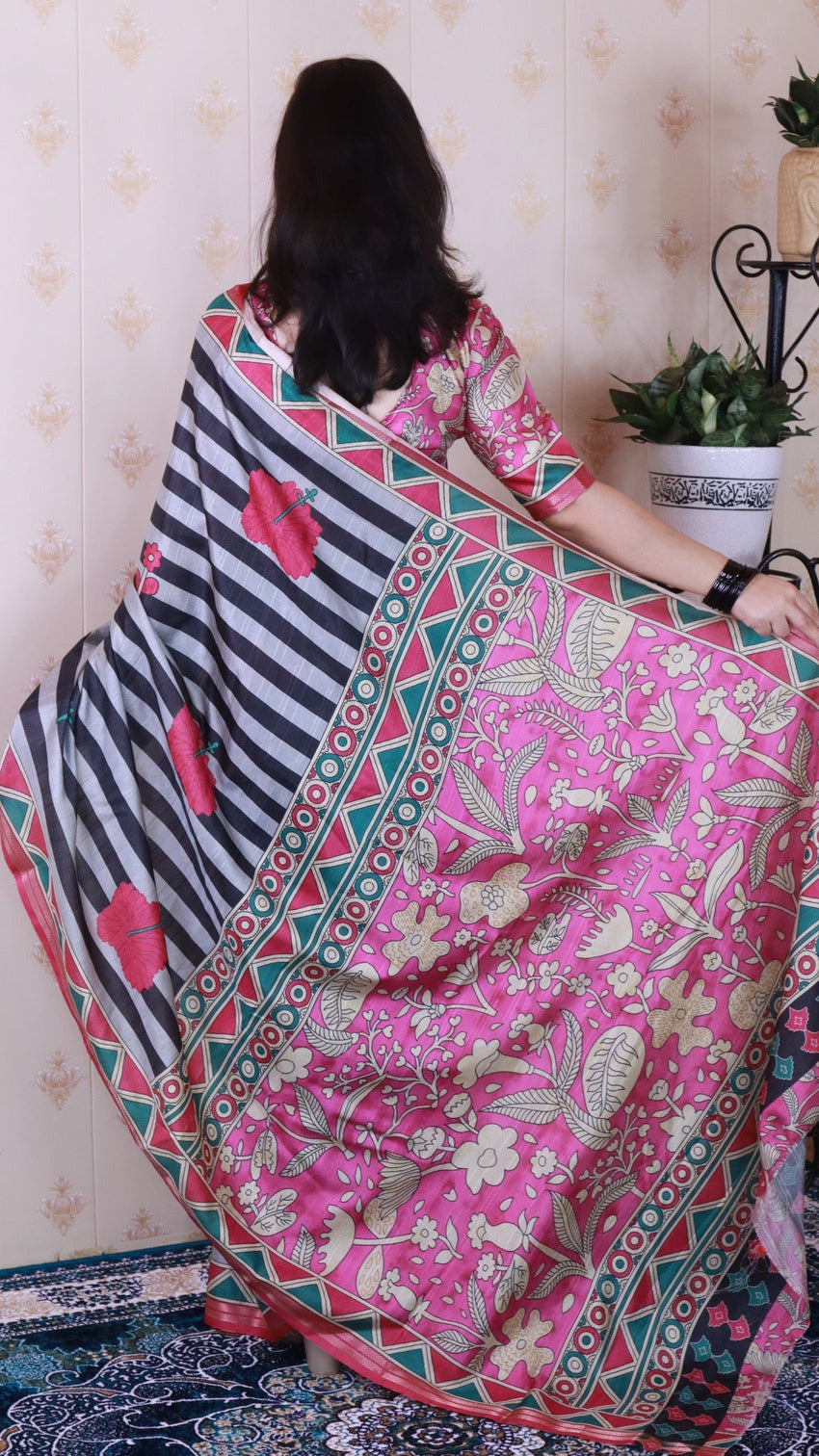 Grey soft tussar silk striped traditional printed zari woven saree