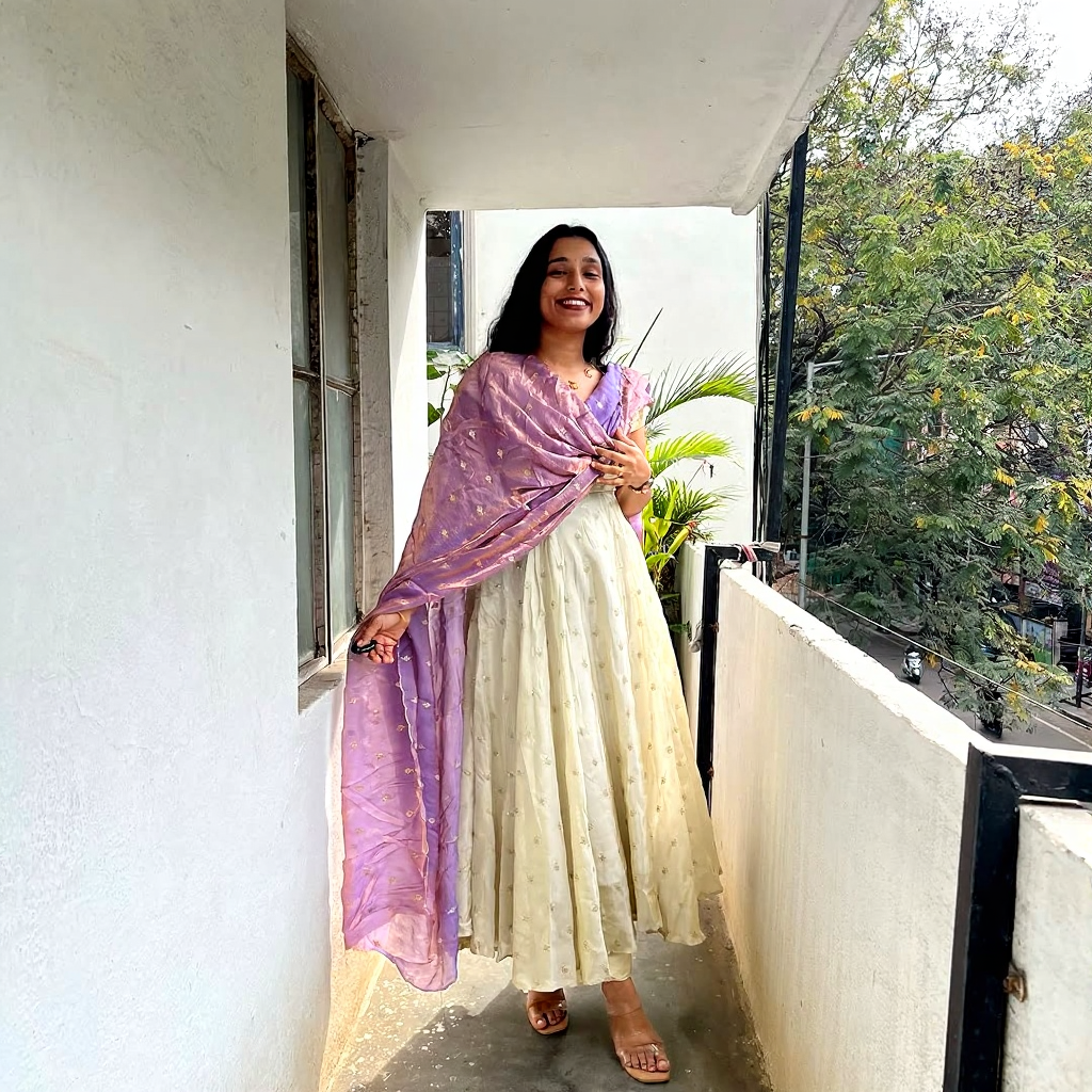 Cream anarkali dress with lavender dupatta elegant women s ethnic wear