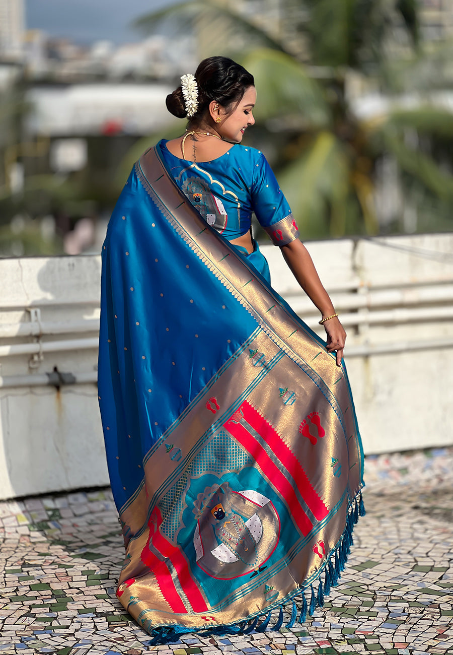 Blue zari woven mahalaxmi god paithani silk saree