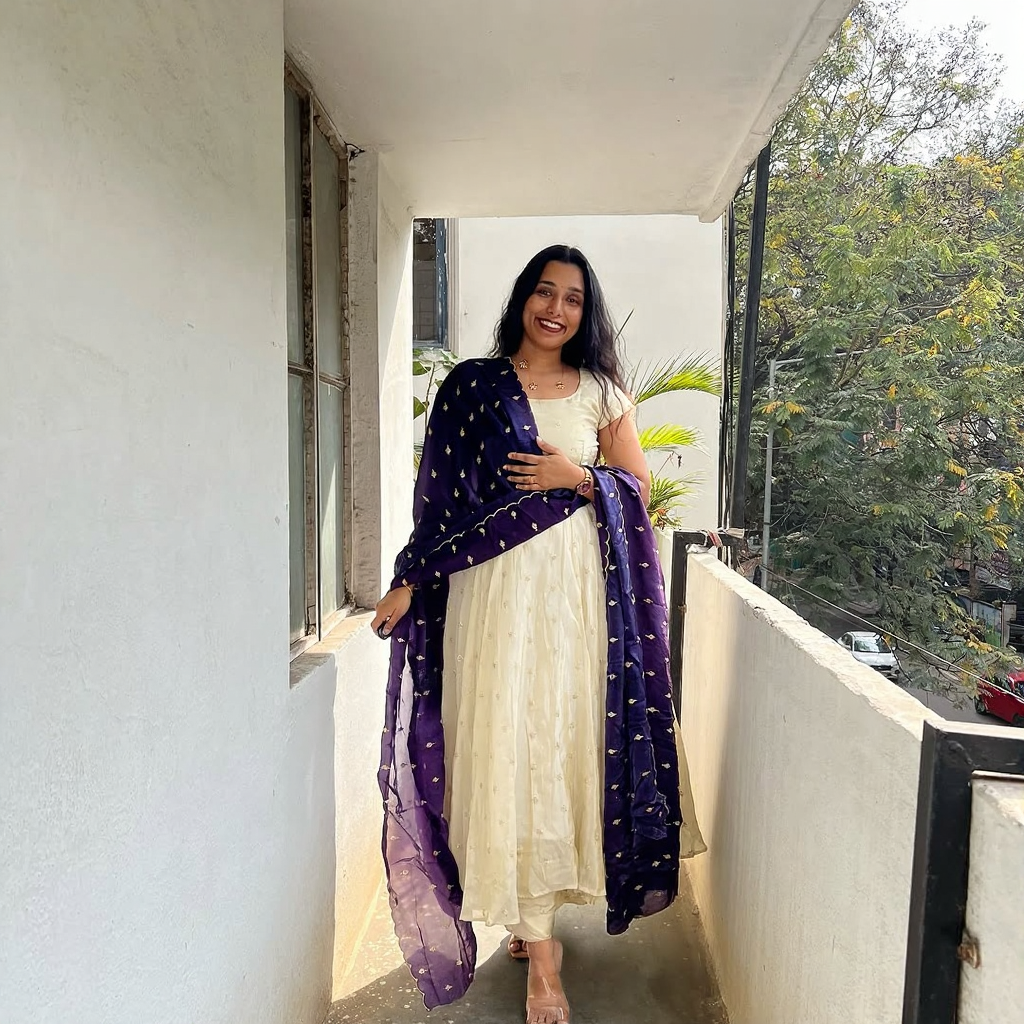 Cream anarkali dress with navy blue dupatta elegant women s ethnic wear