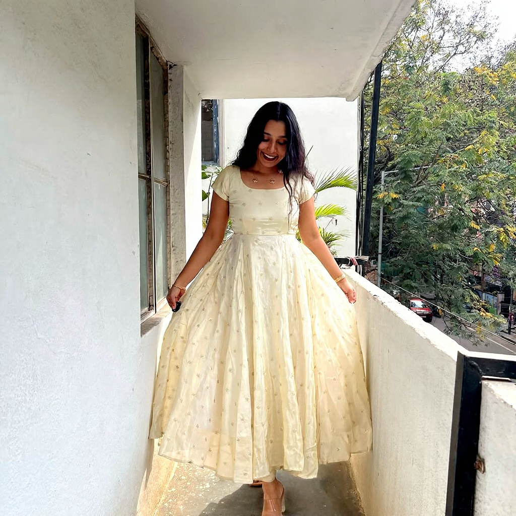 Cream anarkali dress with navy blue dupatta elegant women s ethnic wear