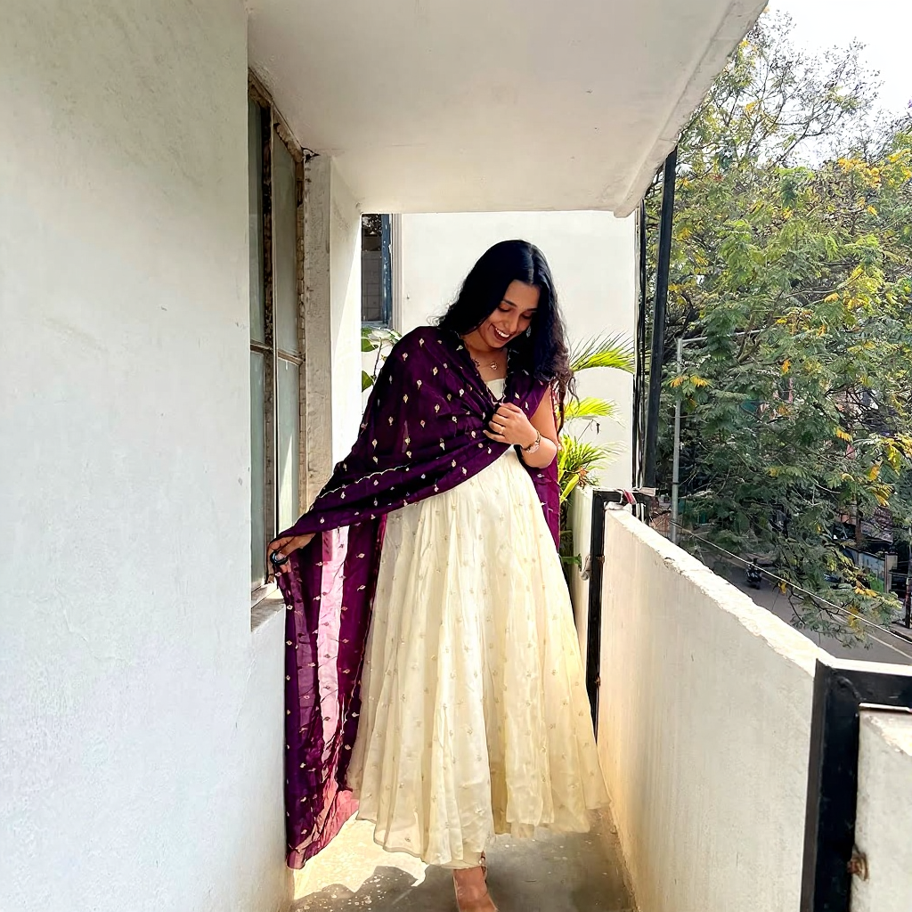 Cream anarkali dress with dark wine dupatta elegant women s ethnic wear