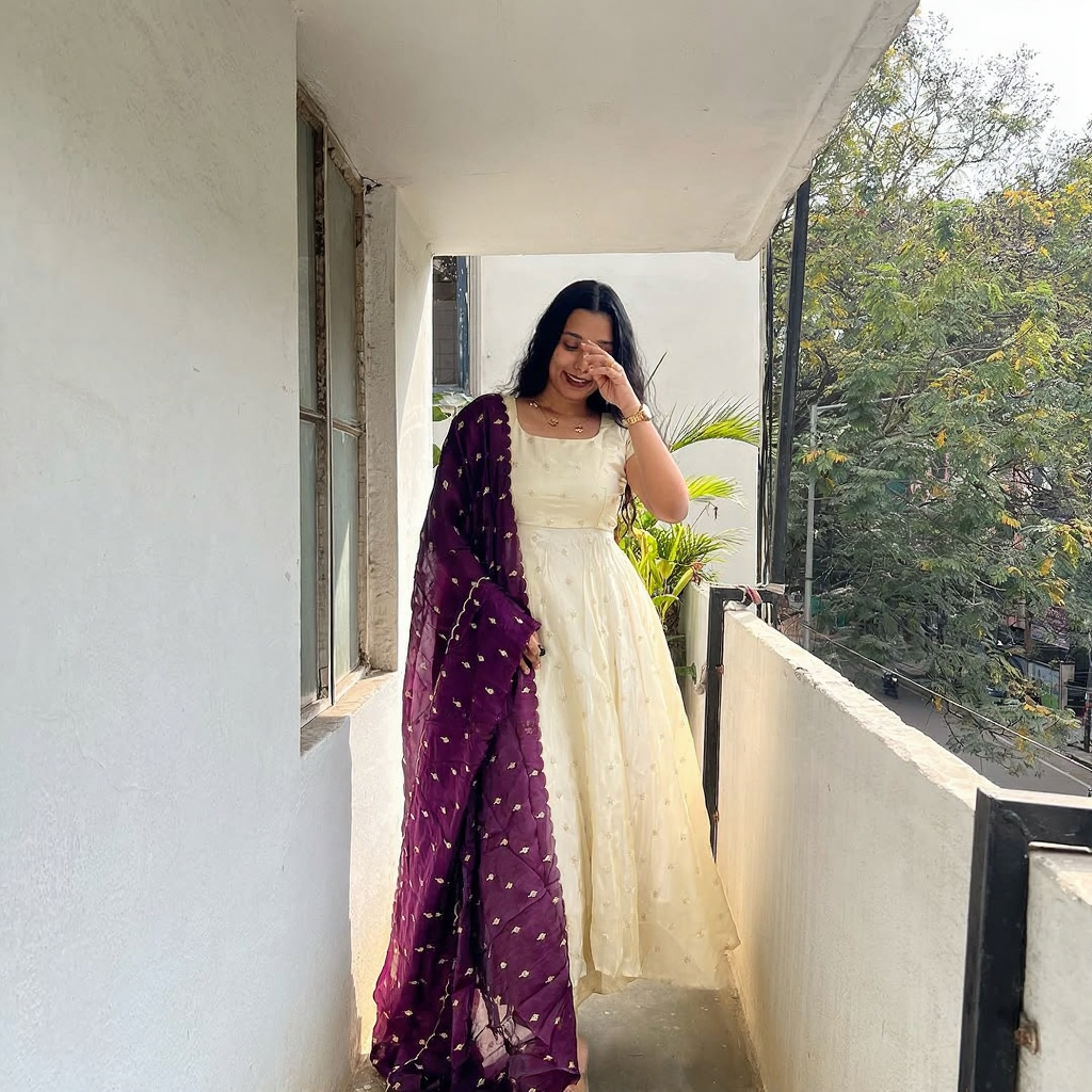 Cream anarkali dress with dark wine dupatta elegant women s ethnic wear