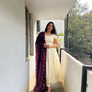 Cream anarkali dress with dark wine dupatta elegant women s ethnic wear mameraa