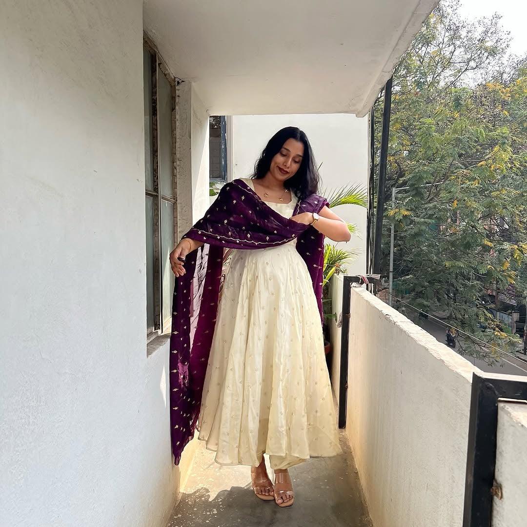Cream anarkali dress with dark wine dupatta elegant women s ethnic wear