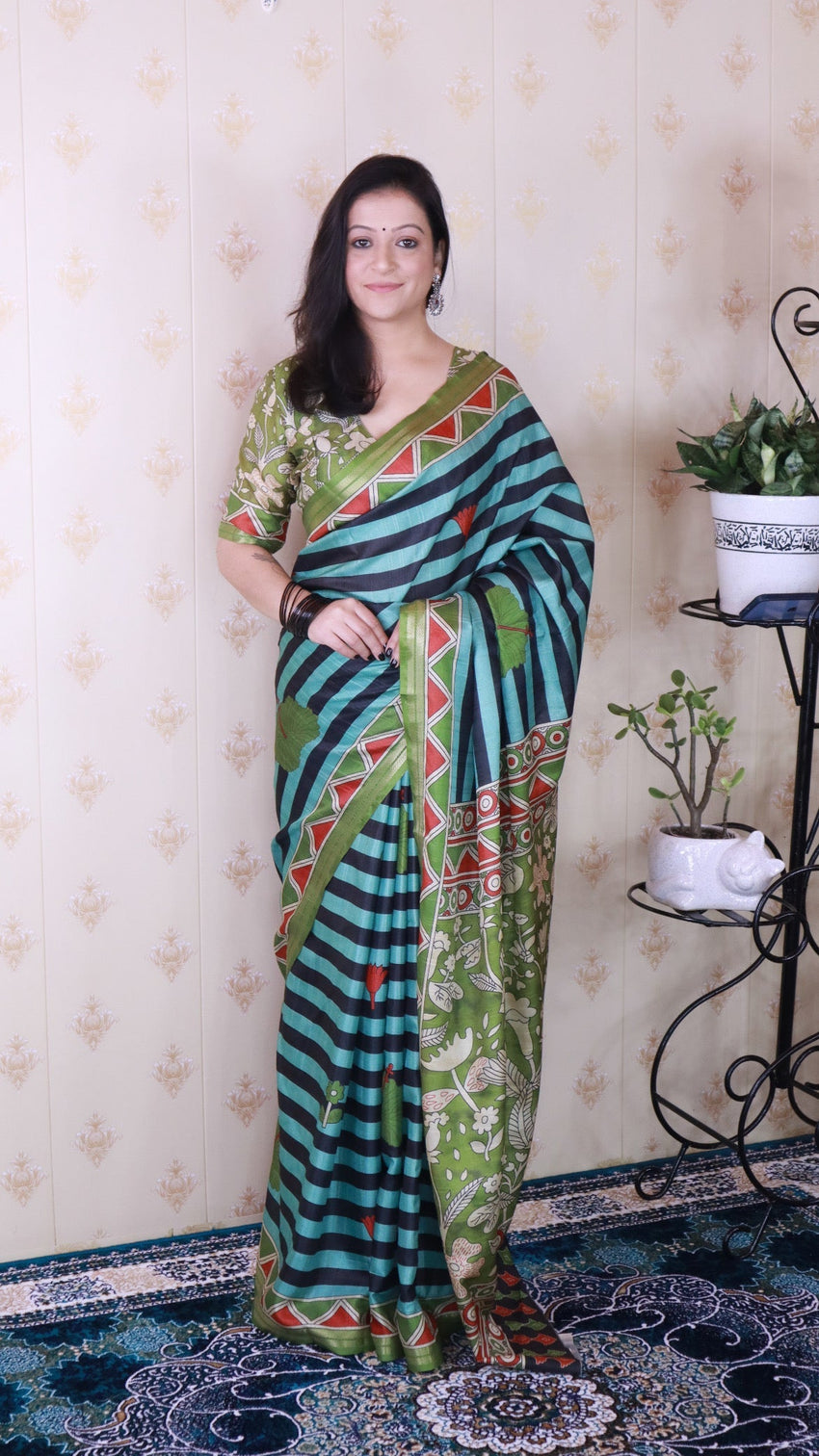 Aqua Blue Soft Tussar Silk Striped Traditional Printed Zari Woven Saree