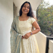 Cream anarkali dress with light grey dupatta elegant women s ethnic wear
