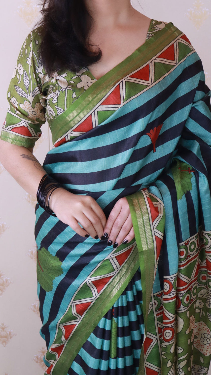 Aqua Blue Soft Tussar Silk Striped Traditional Printed Zari Woven Saree