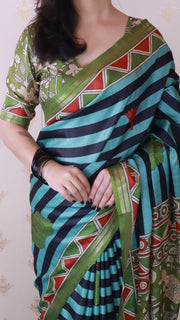 Aqua Blue Soft Tussar Silk Striped Traditional Printed Zari Woven Saree