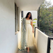 Cream anarkali dress with light grey dupatta elegant women s ethnic wear mameraa
