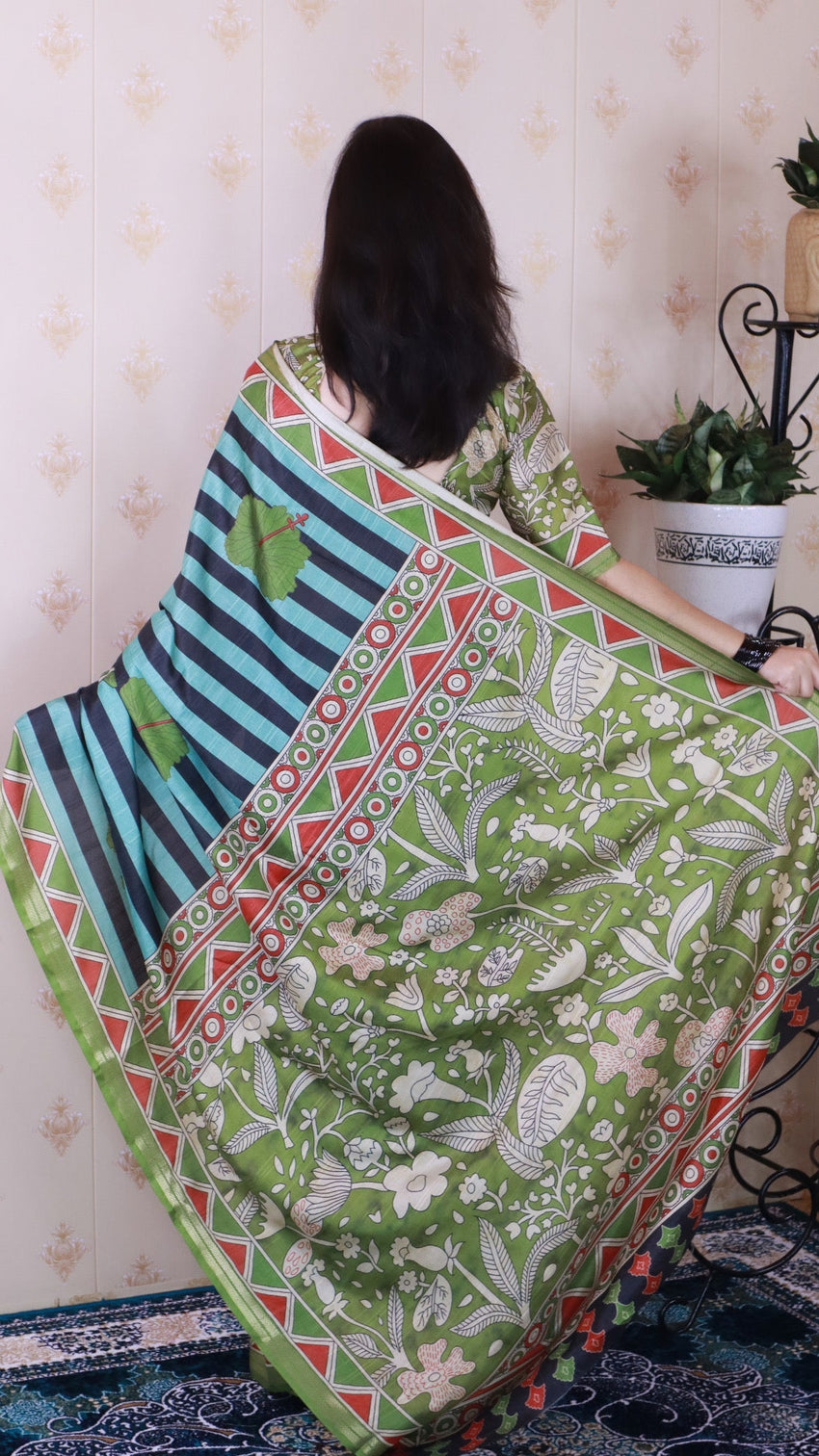 Aqua Blue Soft Tussar Silk Striped Traditional Printed Zari Woven Saree