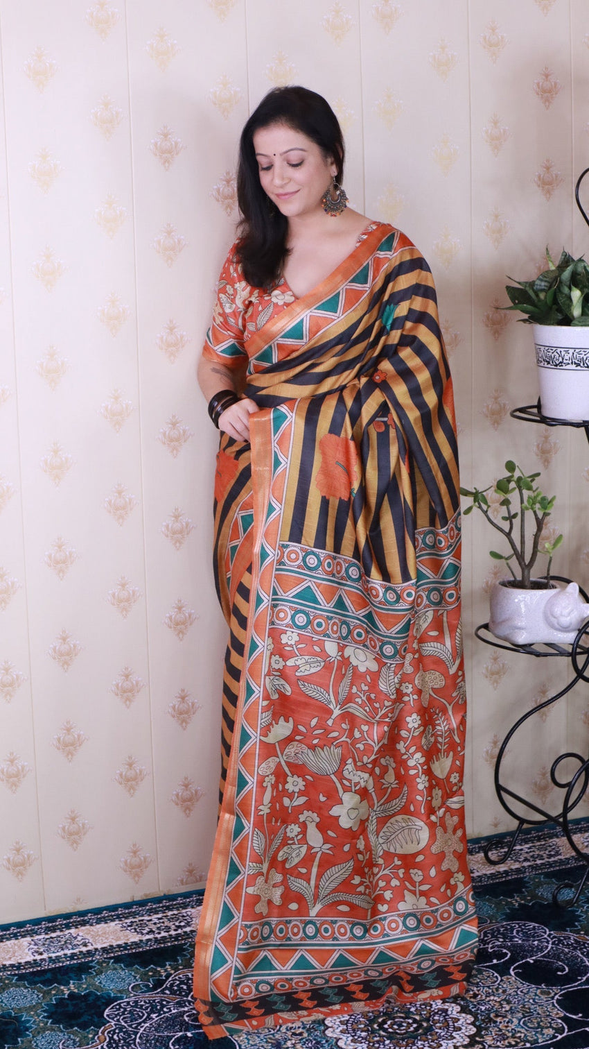 Orange soft tussar silk striped traditional printed zari woven saree