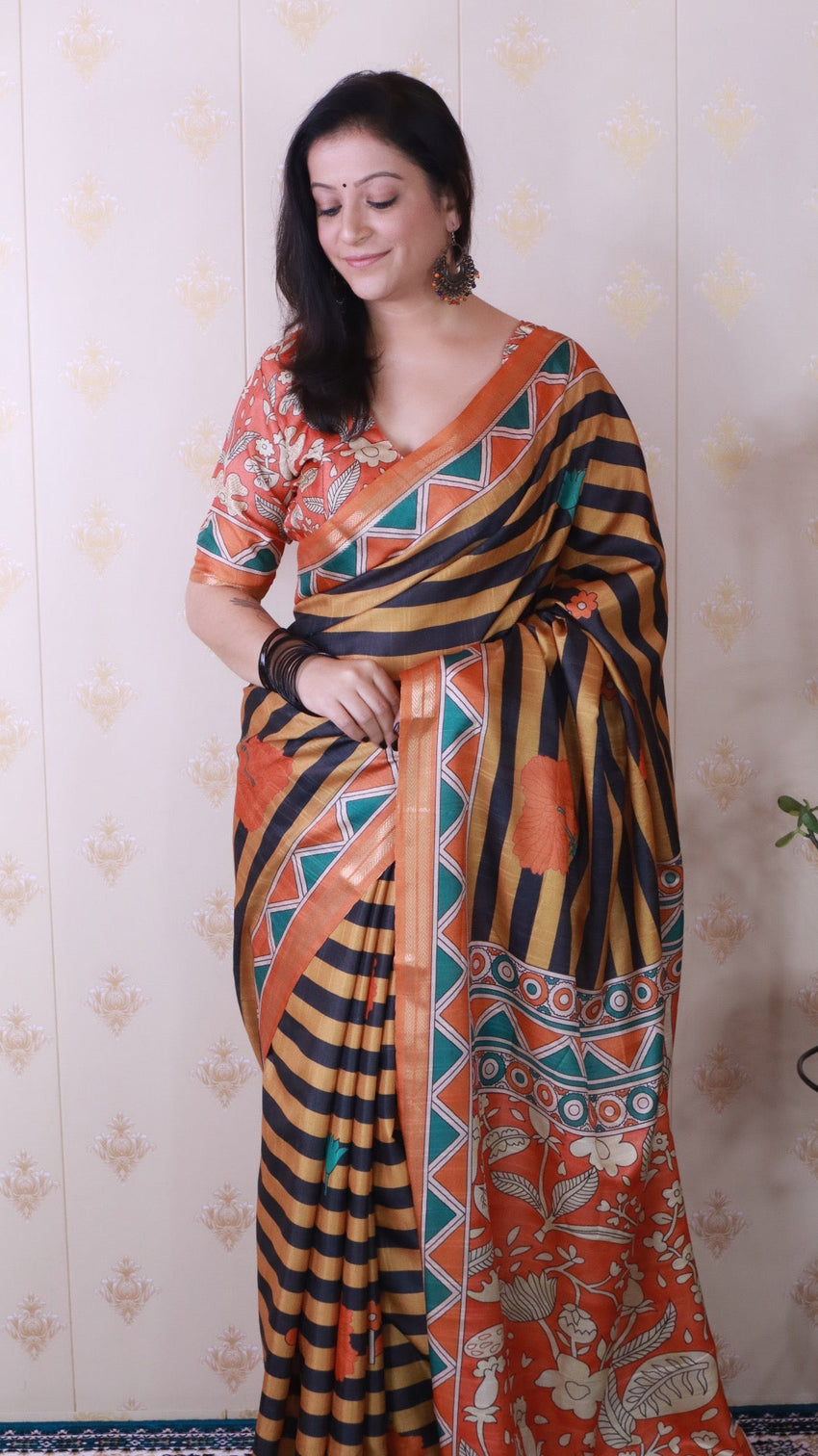 Orange soft tussar silk striped traditional printed zari woven saree