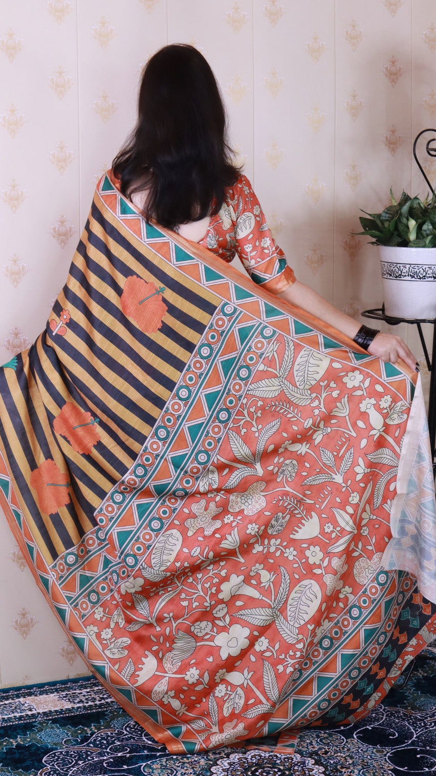 Orange soft tussar silk striped traditional printed zari woven saree