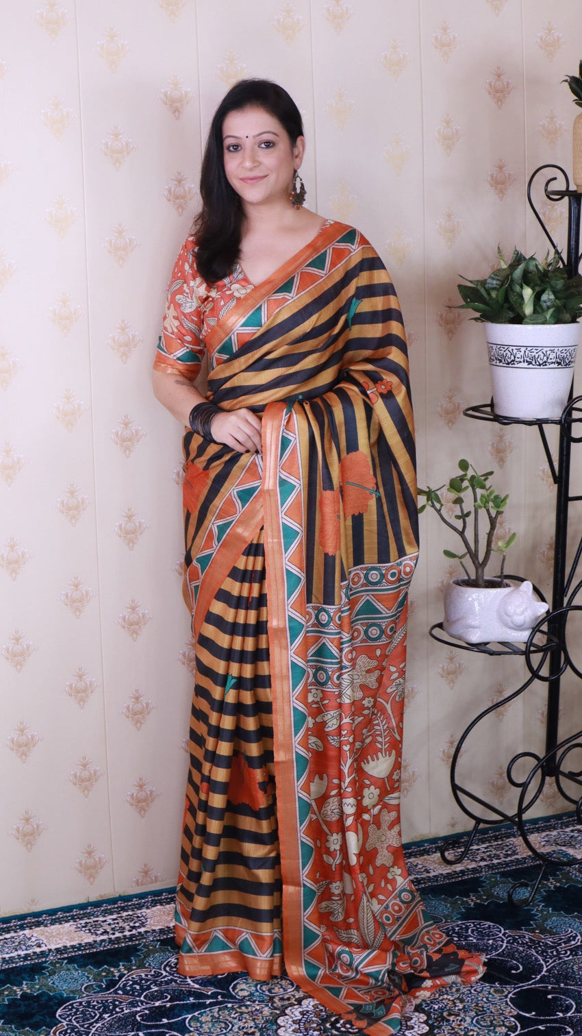 Orange soft tussar silk striped traditional printed zari woven saree