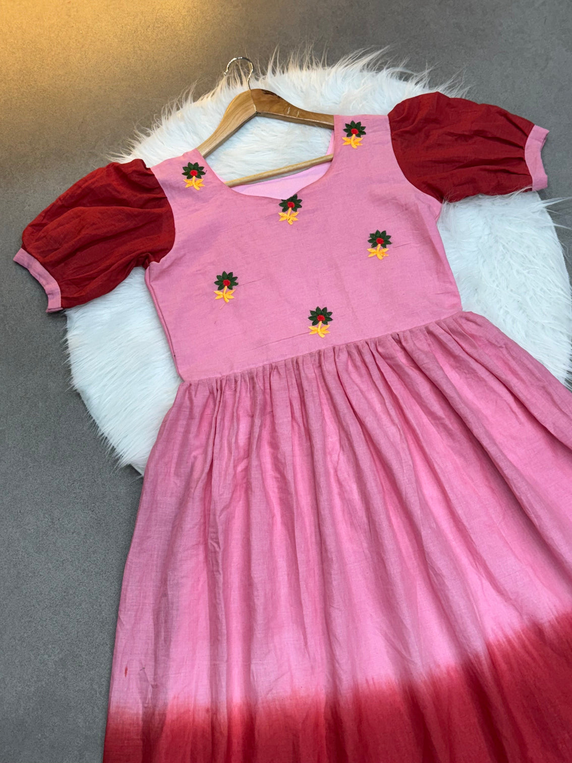 Pink red ombre mul cotton flared dress with puff sleeves and floral embroidery