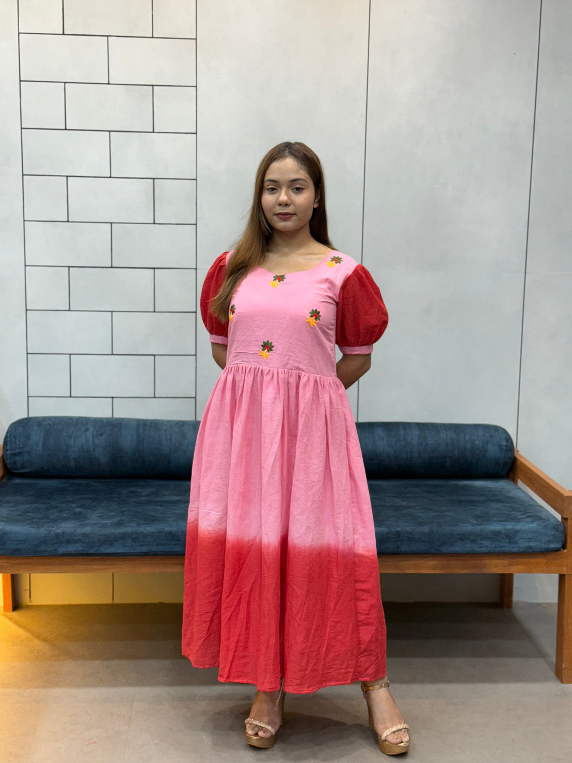 Pink red ombre mul cotton flared dress with puff sleeves and floral embroidery mameraa