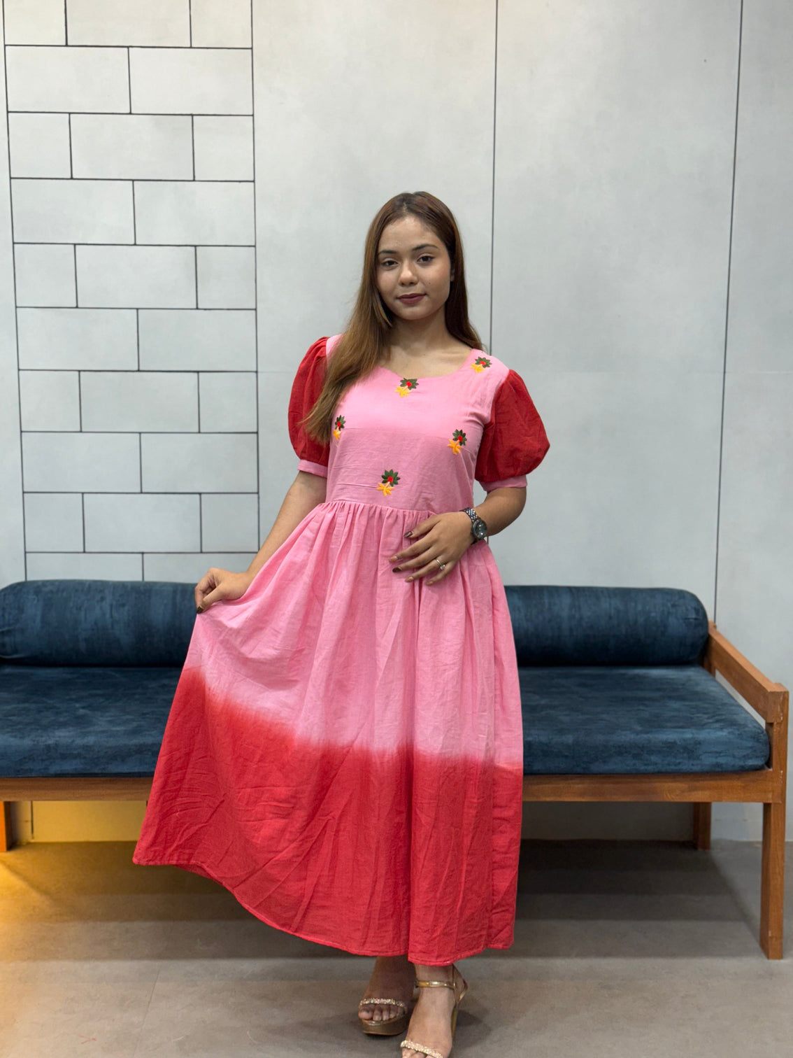 Pink red ombre mul cotton flared dress with puff sleeves and floral embroidery