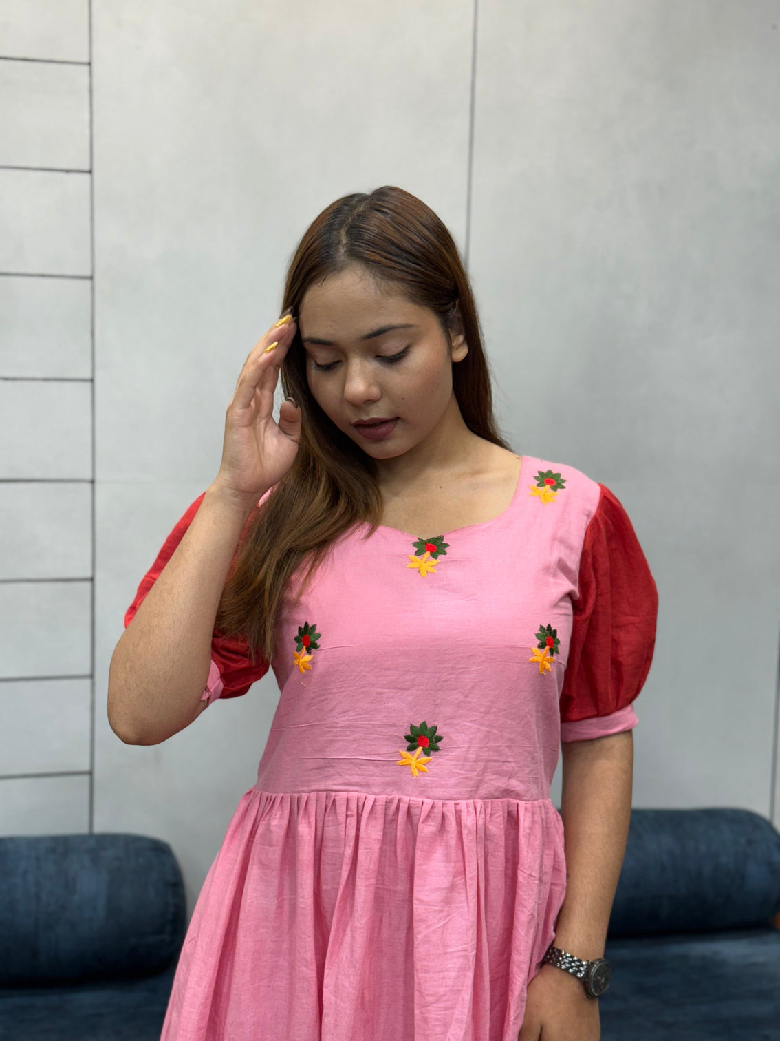 Pink red ombre mul cotton flared dress with puff sleeves and floral embroidery