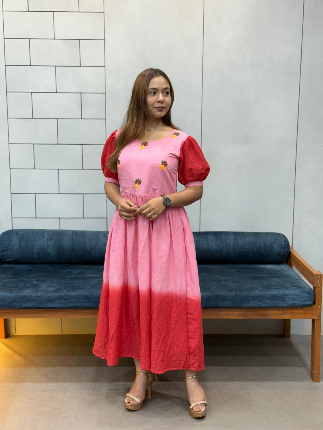 Pink red ombre mul cotton flared dress with puff sleeves and floral embroidery