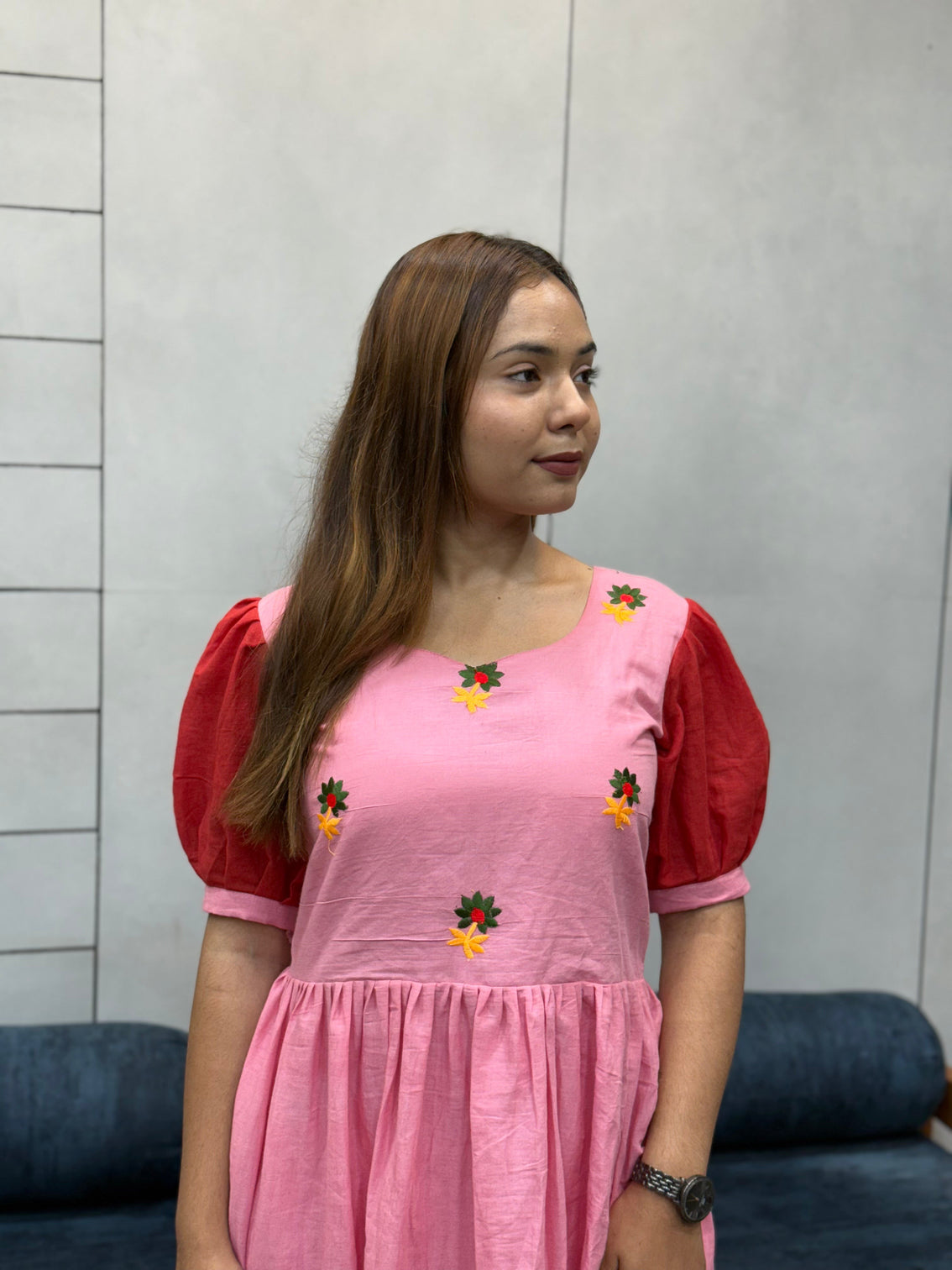 Pink red ombre mul cotton flared dress with puff sleeves and floral embroidery