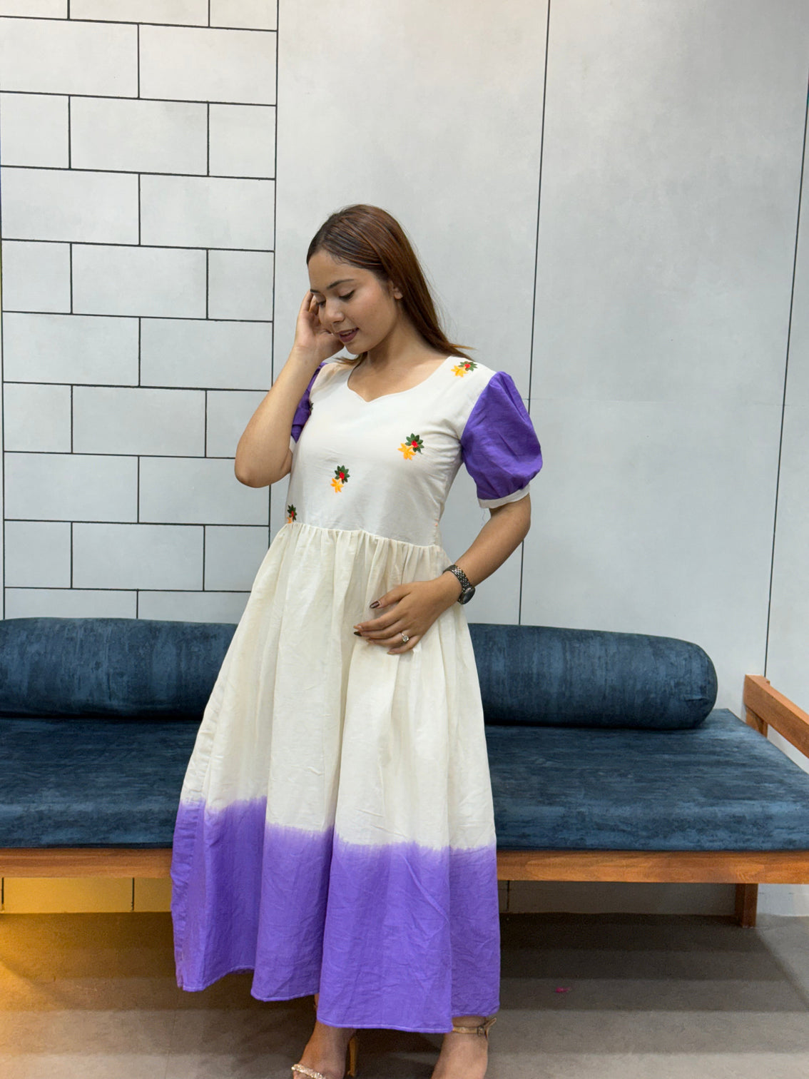 Pink red ombre mul cotton flared dress with puff sleeves and floral embroidery