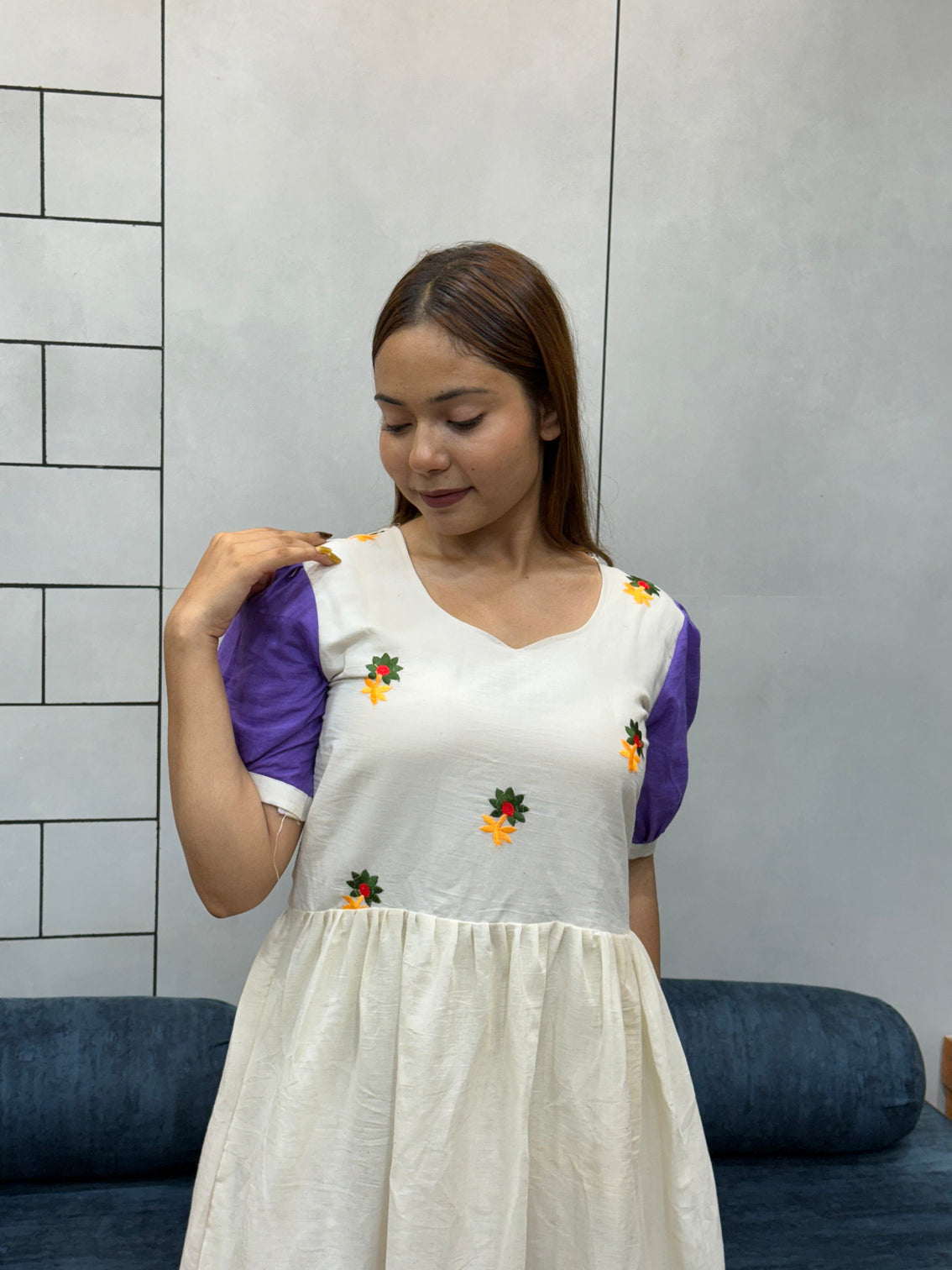 Cream lavender mul cotton flared dress with puff sleeves and floral embroidery