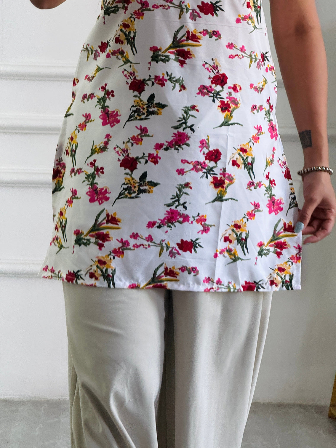White base floral print cambric cotton kurti with corset back