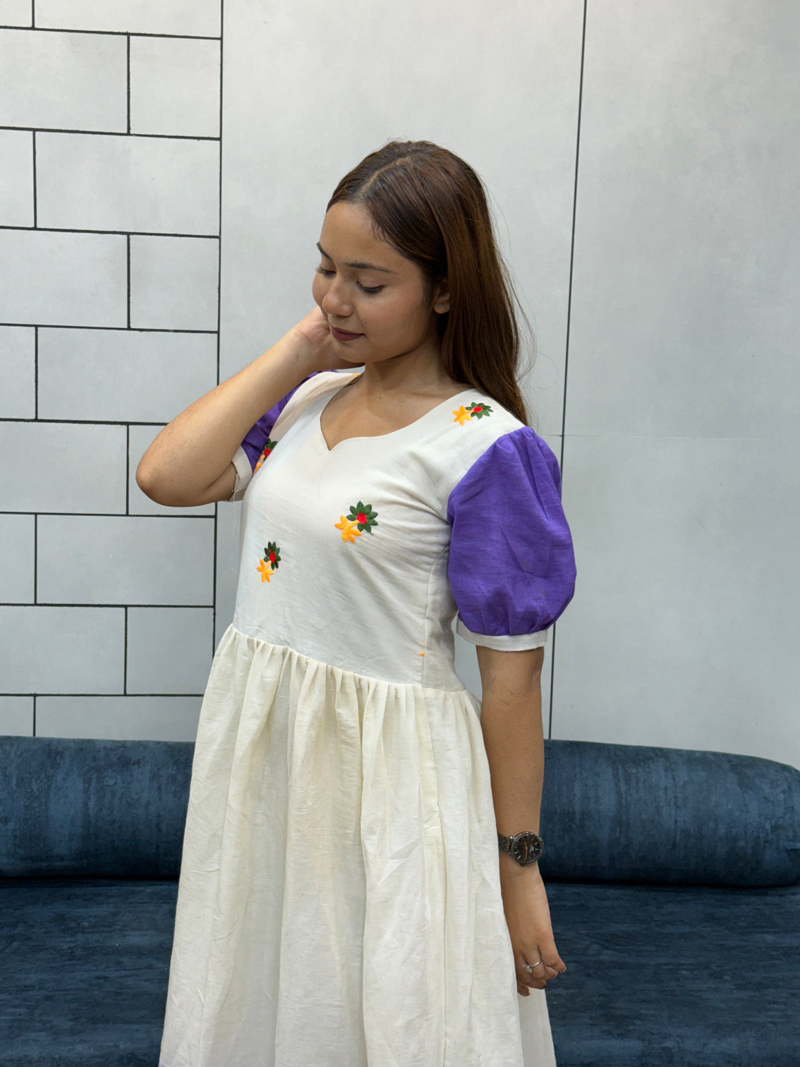 Cream lavender mul cotton flared dress with puff sleeves and floral embroidery