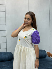 Cream lavender mul cotton flared dress with puff sleeves and floral embroidery