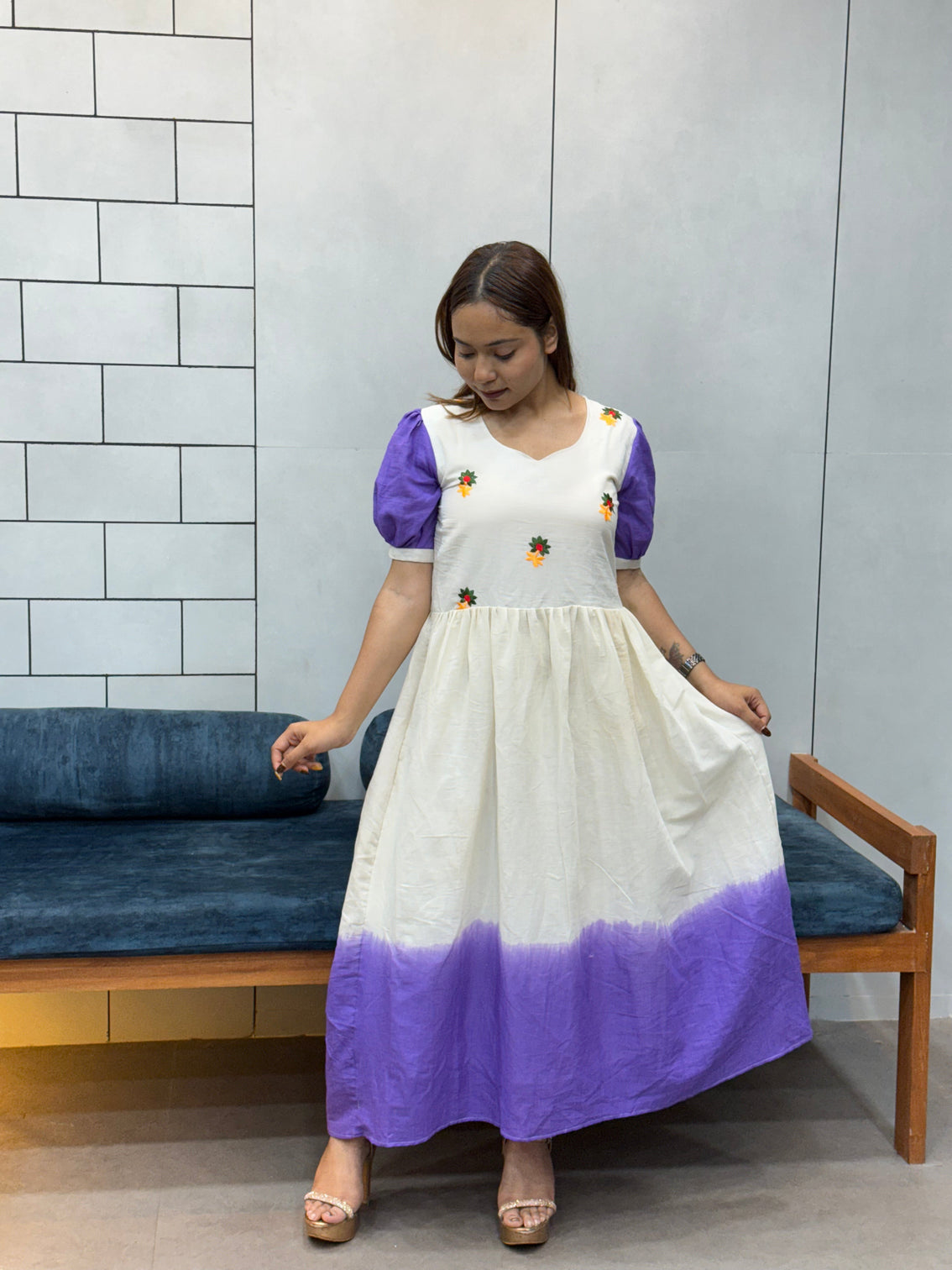 Cream lavender mul cotton flared dress with puff sleeves and floral embroidery