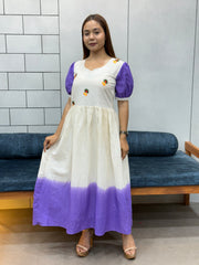 Cream lavender mul cotton flared dress with puff sleeves and floral embroidery mameraa