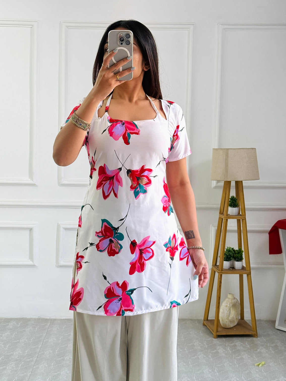 Vibrant white floral multi wear tunic adjustable fit mameraa