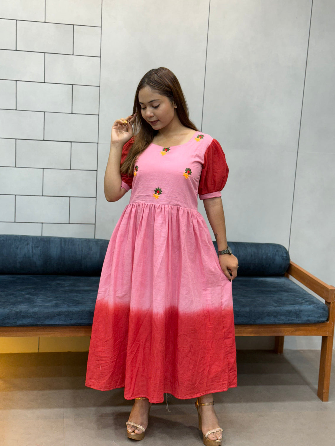 Pink red ombre mul cotton flared dress with puff sleeves and floral embroidery