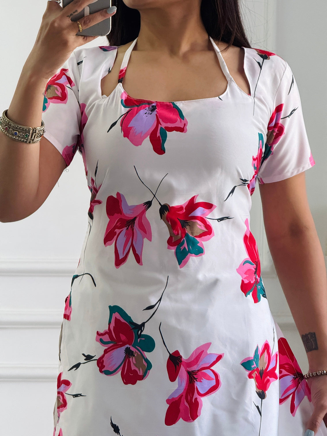 Vibrant white floral multi wear tunic adjustable fit