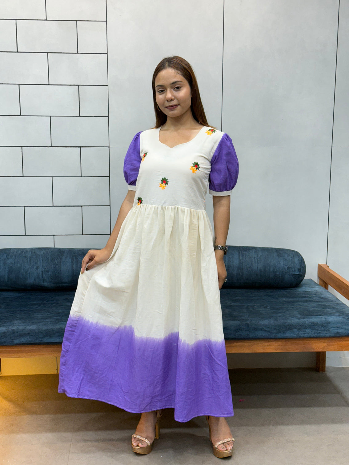 Cream lavender mul cotton flared dress with puff sleeves and floral embroidery