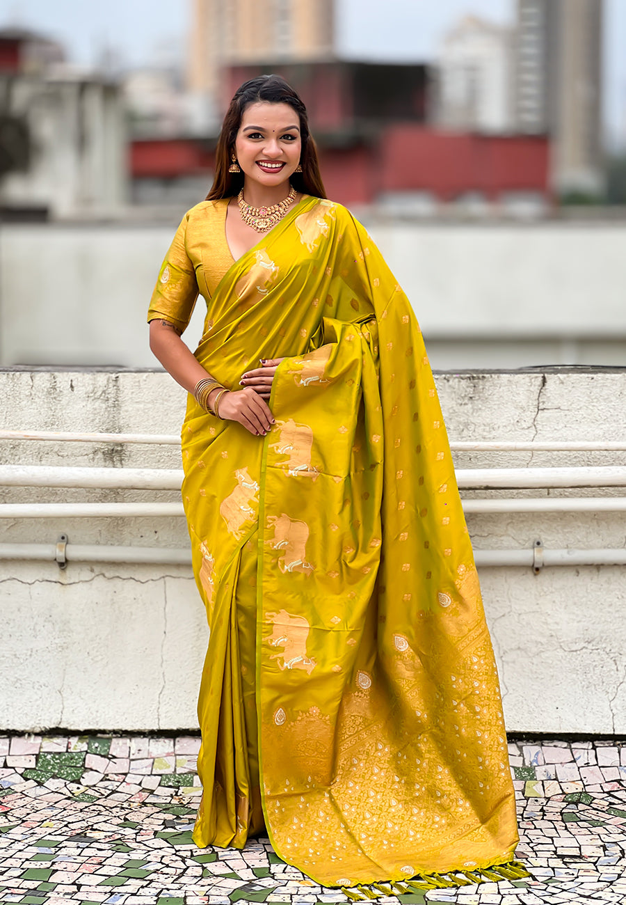 Mehendi green soft silk dual zari woven saree with nandi border