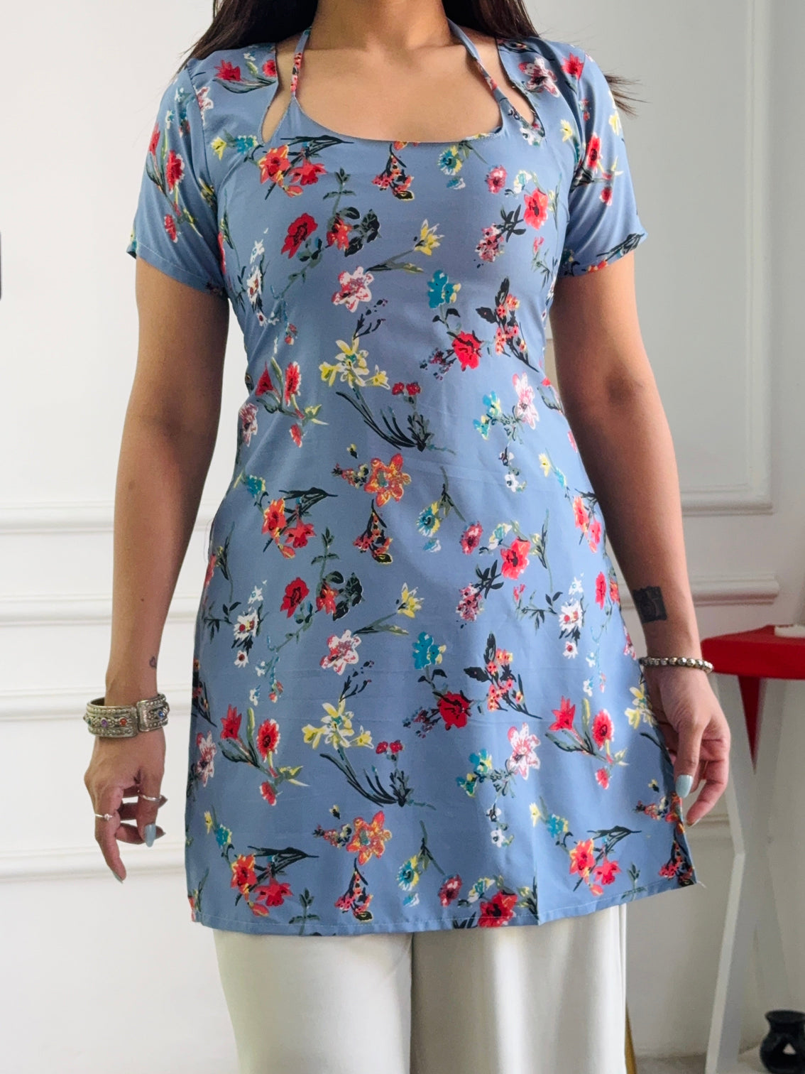 Dusty blue multi floral cambric cotton kurti with corset back