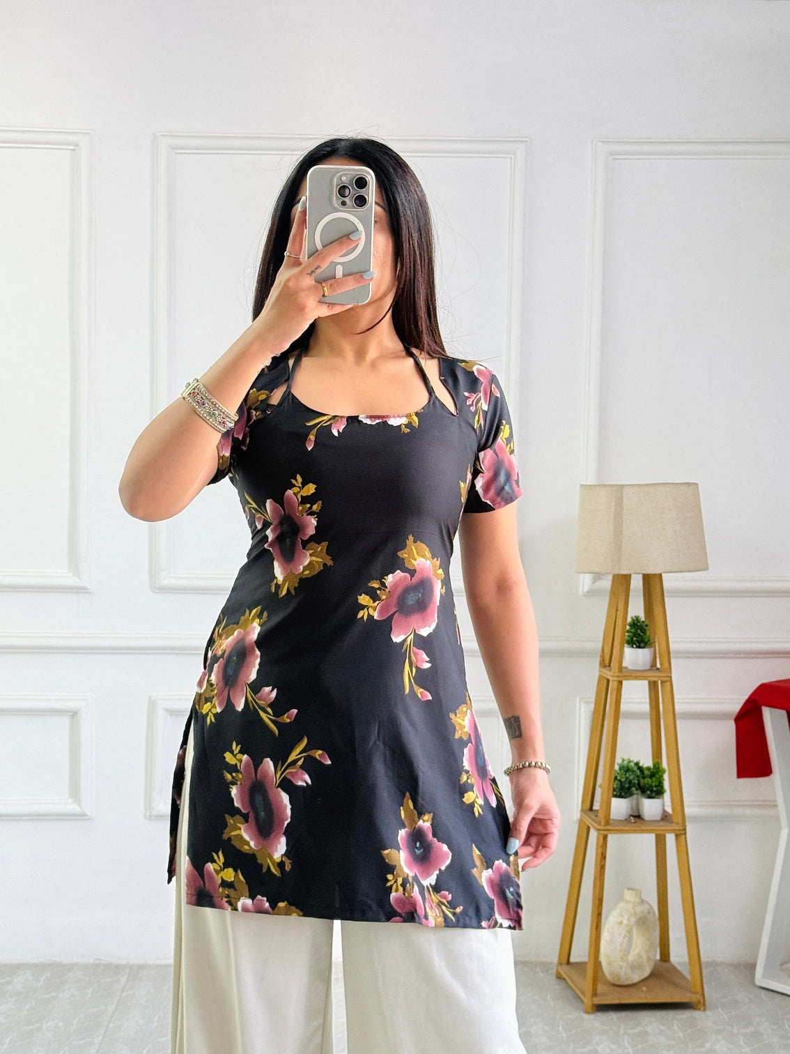Burgundy black floral tunic with adjustable corset back mameraa